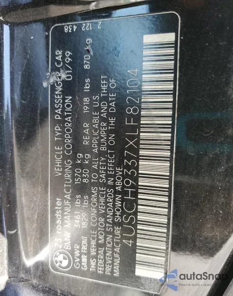 1999 BMW Z3 2.3 из США, поврежденный, VIN 4USCH9337XLF82104